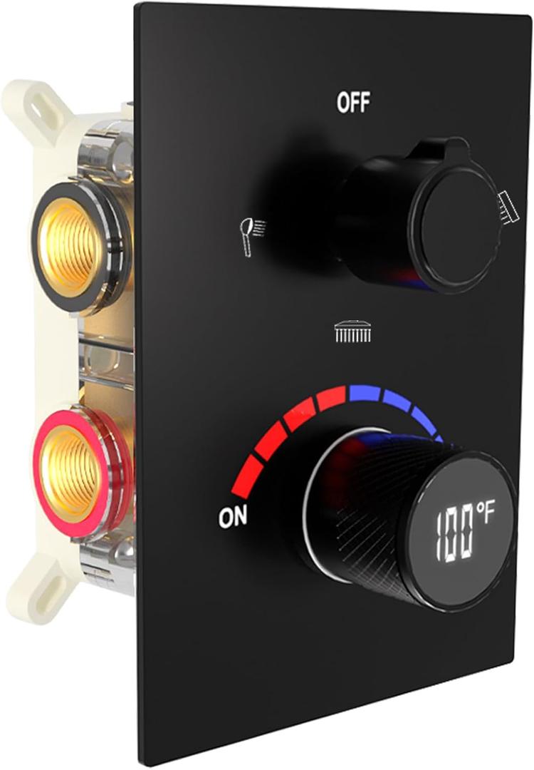 Digital Shower Diverter Valve Temperature Display 3 Way Shower Mixer Brass Rough-in and Rectangle Trim Kit, Triple Function, Black