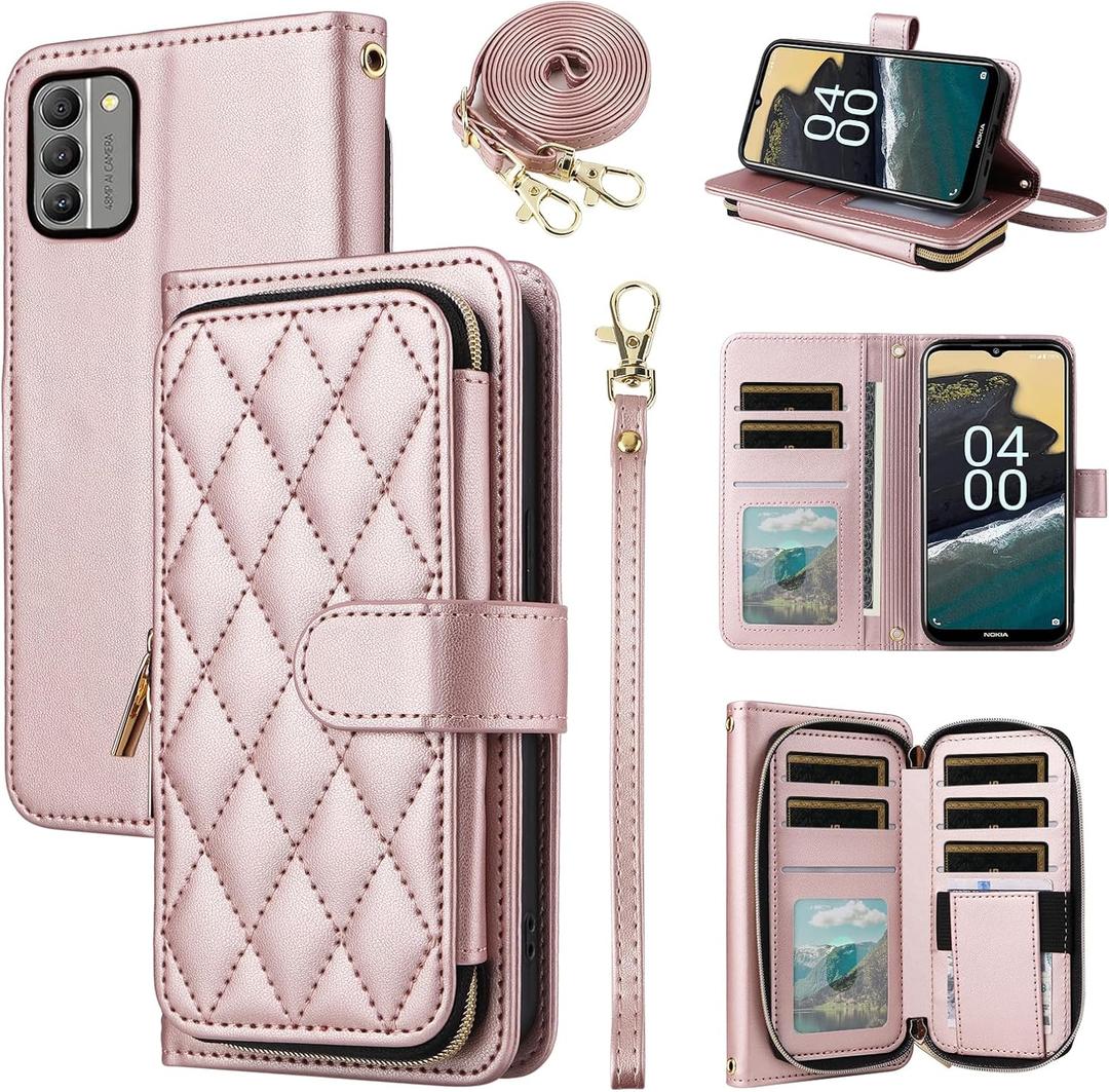 Argyle Wallet Case for Nokia G400 5G with Wrist Strap Shoulder Strap, 9+ Card Slots Zipper Purse Luxury PU Leather Stand Checkered Cell Phone Cover for G 400 400G 2022 Women Girls Rose Gold