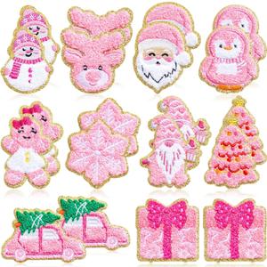 Geosar 20 Pcs Christmas Self Adhesive Patches Sew on Stickers Applique Washable for DIY Crafts T Shirt Clothing Jackets Backpacks Jeans Party Decor Accessories(Pink Christmas)