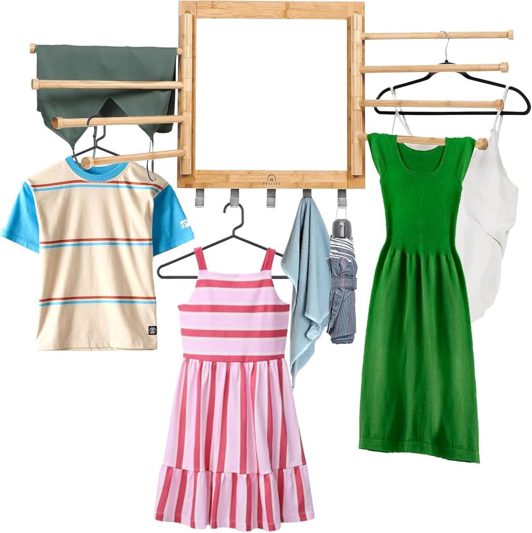 Bamboo Wall Mount Drying Rack for Laundry  Collapsible Foldable Clothes Dryer with 8 Arms & 5 Hooks, Space-Saving Laundry Hanger Dryer Rack, 20 Inch, 80 lb Capacity (Natural)