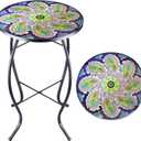 Arbuxzuy 12 Inch Small Outdoor Side Table with Purple Flower, Glass Mosaic Patio Table Indoor, Round Plant Coffee Table for Living Room, Balcony, Garden