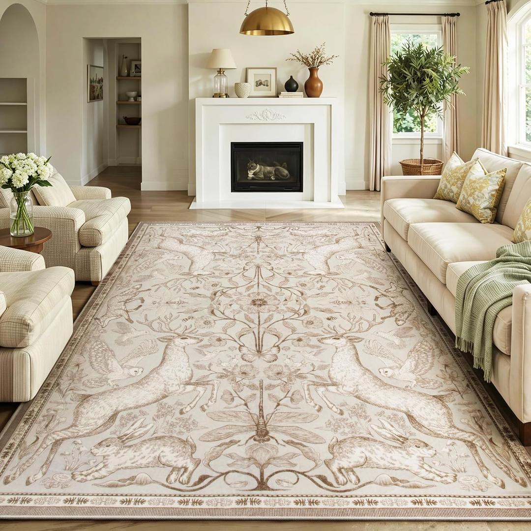 Lahome 8x10 Area Rug for Living Room, Dorval Washable Boho Deer Rug, Earthy Botanical Non Slip Low Pile Large Carpet for Bedroom Dining Room Office Nursery Farmhouse Home Decor Beige