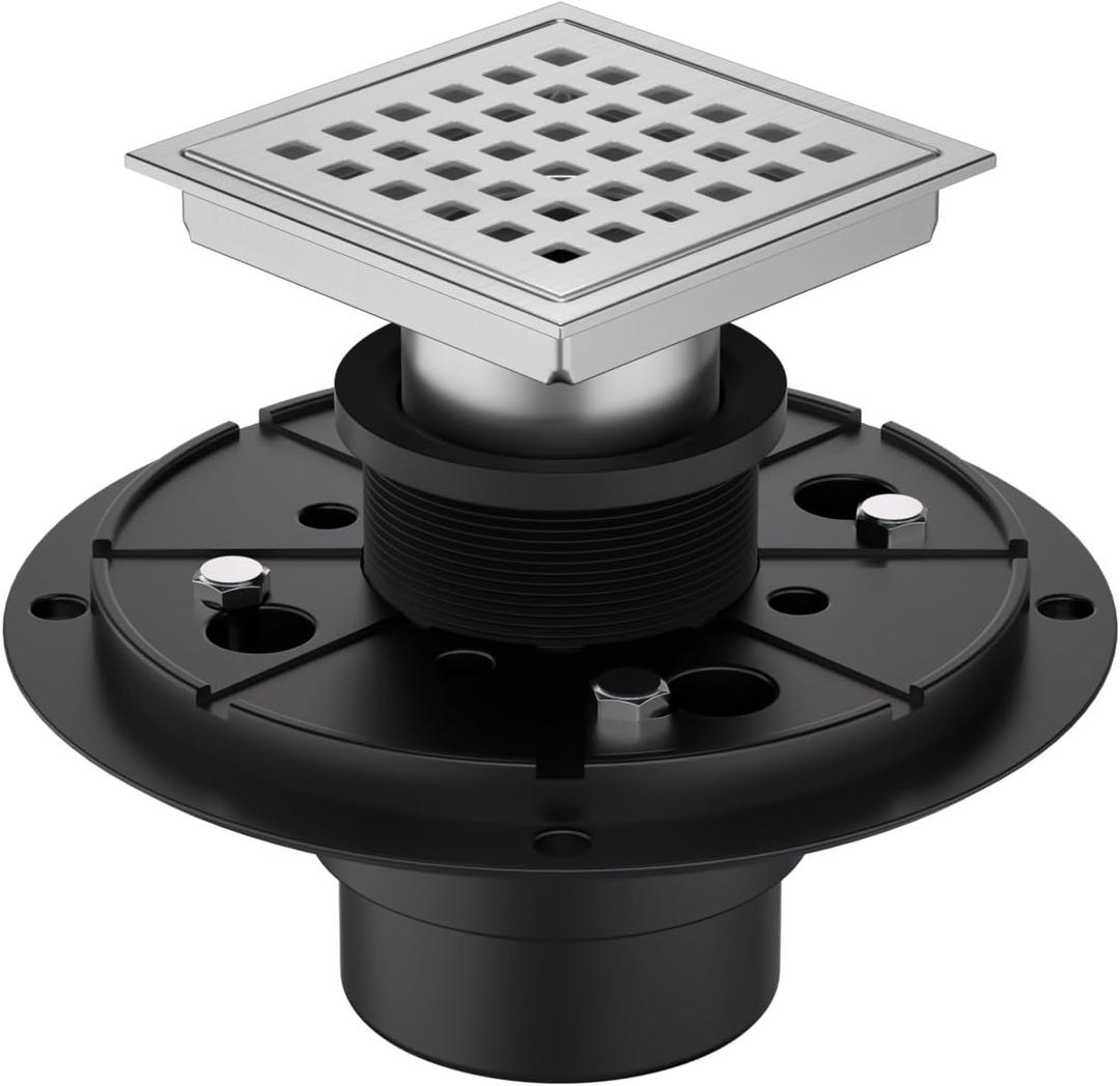 4 Inch Square Shower Floor Drain Brushed Stainless Steel Drain Kit with Flange, Removable Grid Cover, Hair Strainer