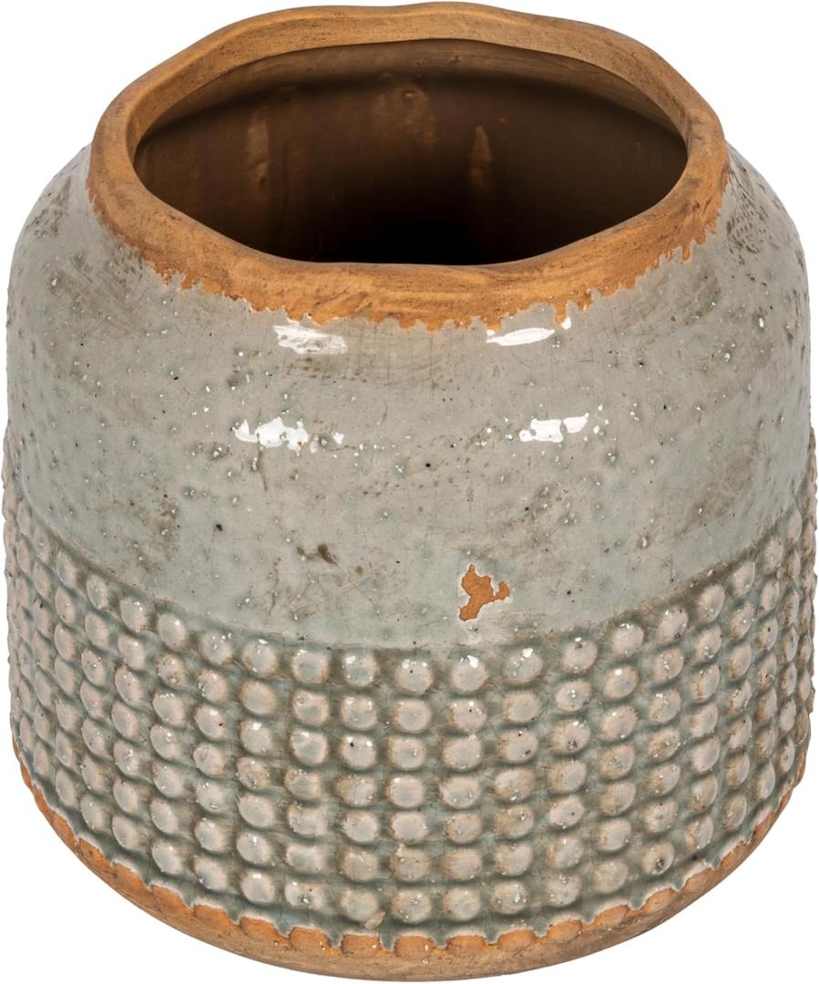 Creative Co-Op Round Terra-Cotta Hobnail Planter Vase with Heavily Distressed Finish (7.25" Round x 6.25" H, Grey/Blue)