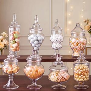 Hushee 7 Pack Glass Apothecary Jars with Lids, Clear Candy Jars Set for Buffet, Wedding Candy Bar Containers, Decorative Glass Dishes for Dessert Table, Kitchen and Bathroom