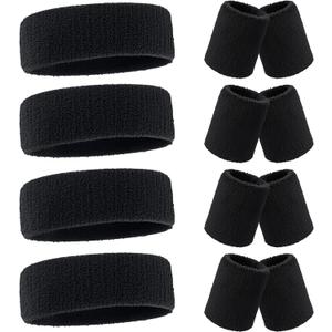 Civaner 12 Pcs 80s 90s Sweatbands Neon Sports Headbands Wristband Set for Men Women Party Cotton Headbands Terry Cloth Athletic Sweat Bands for Tennis Football Gym Outdoor Accessories (Black)