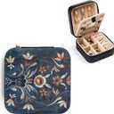 Norwegian Rosemaling Folk Style Small Travel Jewelry Case with Mirror Portable Black PU Leather Box Earrings Necklaces Rings Bracelets Storage Organizer Gift for Women And Girls