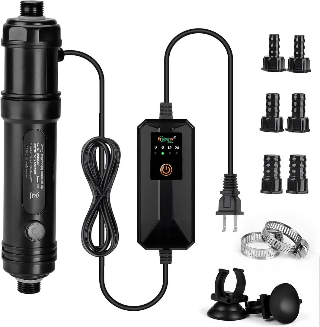 hygger 7W Aquarium U-V Light with Timer, 360 Protective Shield Clean Light for Crystal Clear Green Water, Submersible Fish Tank Cleaner for 3070 Gallon Freshwater & Saltwater Aquariums (1.97 * 9.05 inches)