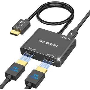 4K@60Hz DisplayPort to Dual HDMI Adapter, DP 1.4 Source to HDMI 2.0 Splitter for Dual Monitors, Display Port to HDMI Splitter 1 in 2 Out Extended Display, for PC,NVIDIA, AMD Graphic Card