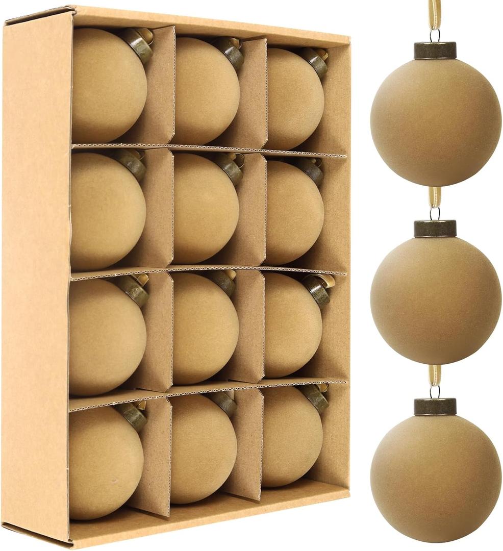 12 Pcs Velvet Christmas Balls Bulk Shatterproof Plastic Christmas Tree Decorations for Decorative Hanging Baubles (12, Khaki, 3.15Inch)