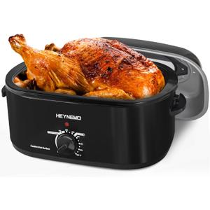 Roaster Oven 28 Quart, Electric Roaster Pan with Visible & Self-Basting Lid, Large Stainless Steel Electric Turkey Roaster Oven Defrost Warm Function, Removable Pan Rack, Fits Turkeys Up to 30LB Black