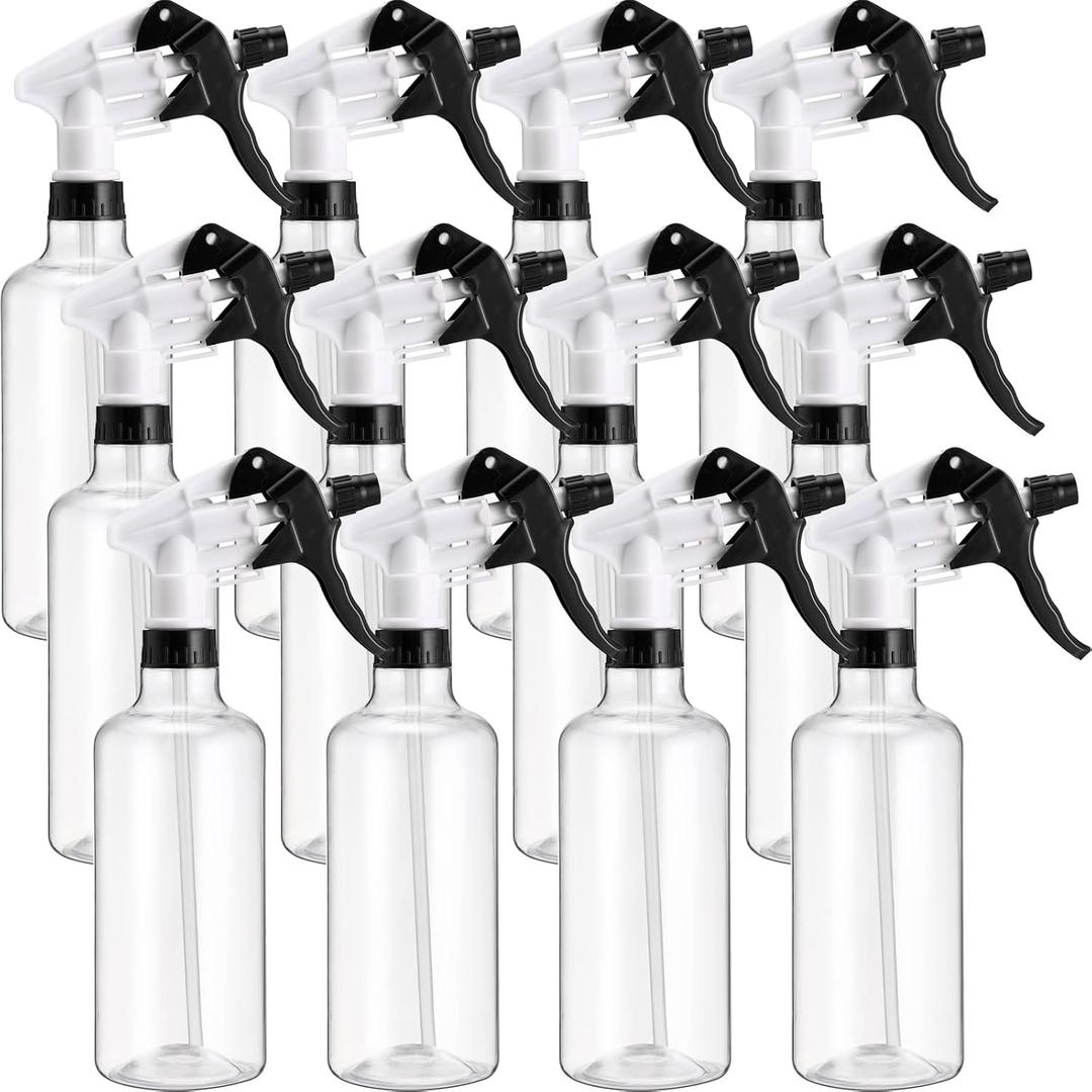 Eccliy 12 Pcs 16 Oz Plastic Spray Bottle, Adjustable Empty Reusable Sprayer for Cleaning, Planting, Water, Bathroom and Kitchen, BBQ, Commercial and Residential (Black,Clear) (Back&white)