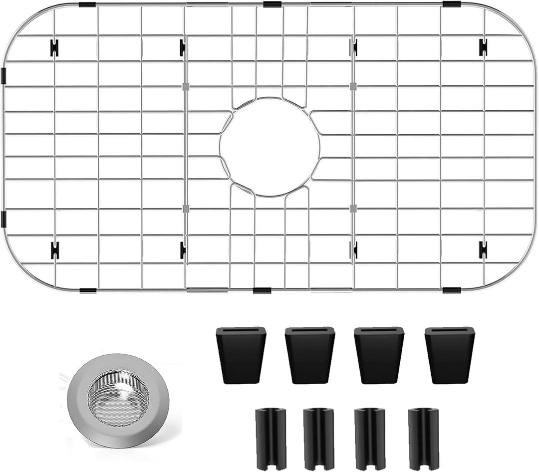 Sink Protectors for Kitchen Sink 26" x14", Stainless Steel Sink Protector for Round Corner Sink with Center Hole Sink Rack for Bottom of Sink with Sink Strainers (Separable, 26" x 14", Center Drain)