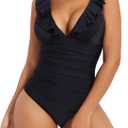 SHAPERIN Women's Ruffle One Piece Swimsuits Tummy Control Bathing Suit Sexy V Neck Swimwear Adjustable Straps (Black, XL)