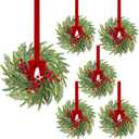 6 Pcs 15" Christmas Mini Cabinet Wreaths for Kitchen,Artificial Norfolk Pine & Cypress Wreath with Red Berry Bow for Christmas Decorations Window Door Fireplace Table Staircase Indoor Outdoor