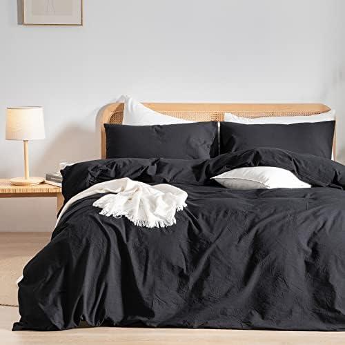 BESTOUCH Duvet Cover Set 100% Washed Cotton Linen Feel Super Soft Comfortable Chic Lightweight 3 PCs Home Bedding Set Solid Deep Black Full/Double