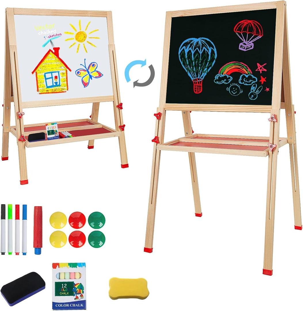 Adjustable Wooden Easel for Kids, Foldable Standing Art Easel for 3, 4, 5, 6, 7, 8 Years Old with Accessories, Drawing Painting Gifts for Boys & Girls Toddlers, Great Presents for Birthday (Red)