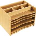 WKWKER 5-Tiers Bamboo File Organizer Paper Organizer Mail Sorter Document Letter Trays Desk Organizer with 4 Dividers for Office Home Study Desk Storage (Natural Color)