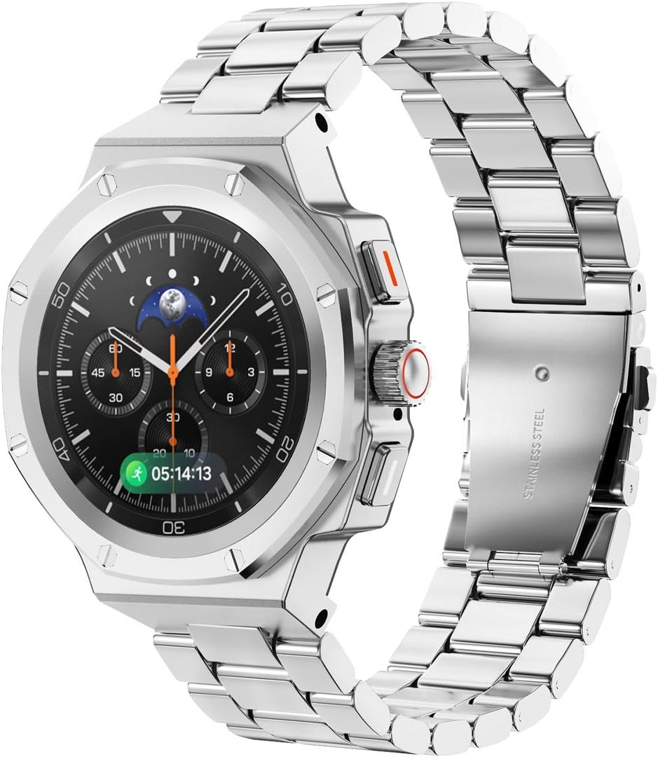 Case with Band for Samsung Galaxy Watch 8 Classic 46mm, Luxury Metal Face Cover with Tactical Stainless Steel Strap Military Protection for Men, Silver