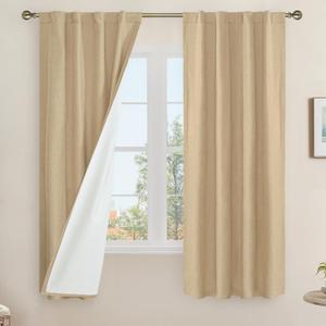 LAMIT Natural 100% Blackout Linen Curtains, 63 Inches Linen Textured Thermal Bedroom Curtains Back Tab and Rod Pocket Neutral Panels with White Liner for Living Room, 2 Panels, 38 x 63 Inch, Burlap