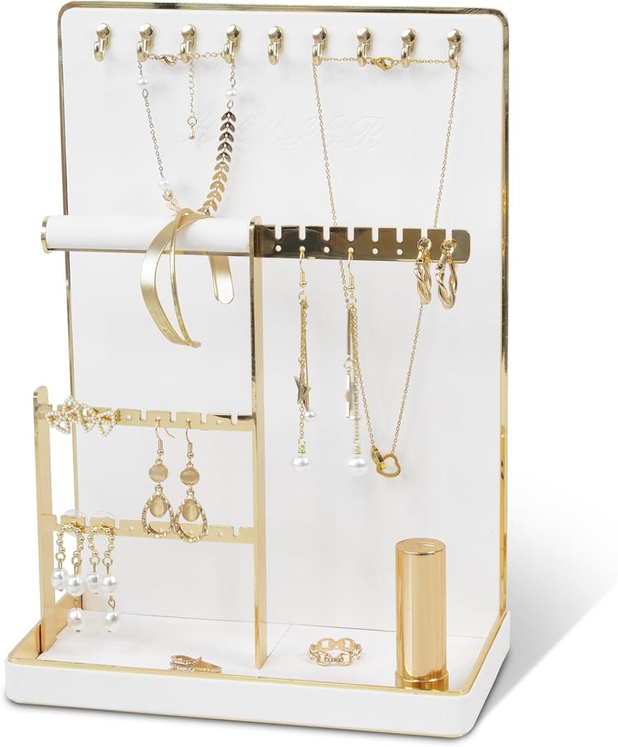 Jewelry Organizer Stand Holder - 4 Tier Cute Necklace Holder Stand Rack with 10 Hooks - Aesthetic Jewelry Storage Rack Tree for Teen Girl Room Decor -White