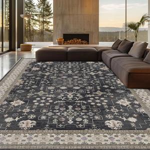 8x10 Washable Area Rugs for Living Room, Non-Slip Stain Resistant Soft Vintage Extra Large Area Rug, Low Pile Indoor Boho Rug for Bedroom Dining Room Farmhouse (Charcoal Blush Ivory)