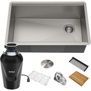 KRAUS Kore Workstation 32-inch Undermount 16 Gauge Stainless Kitchen Sink, Single Bowl Kitchen Sink with 3/4 HP Garbage Disposal, KWU110-32-100-75MB