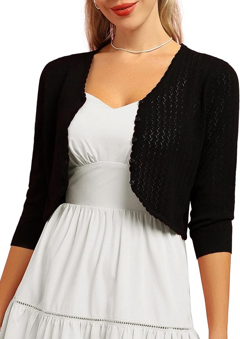 Womens Summer 3/4 Sleeve Bolero Shrug for Dress Open Front Scalloped Knit Cropped Cardigan Sweater Lightweight (Black, M)