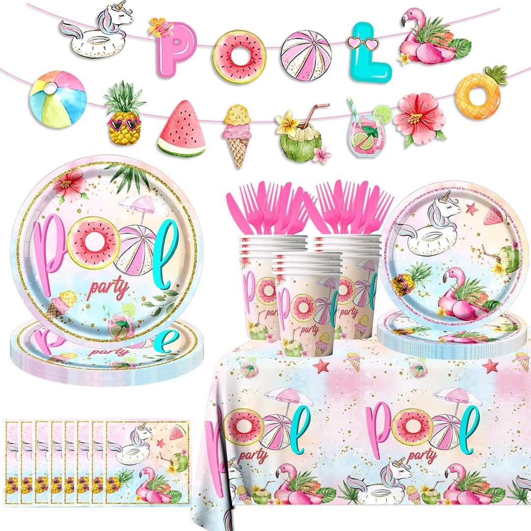 Pool Birthday Party Decoration,142Pcs Pool Party Tableware Plates,Napkins,Tablecloth Summer Flamingo Theme Table Decoration for Beach Birthday,Baby Shower Party