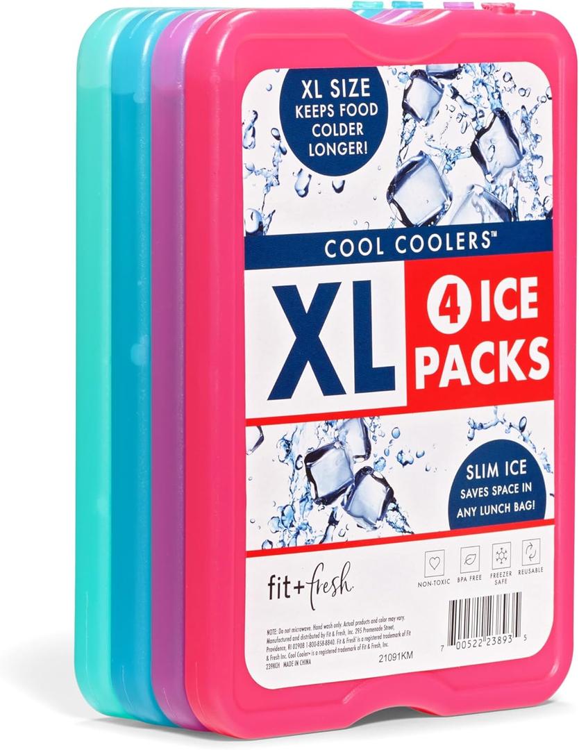 Cool Coolers by Fit + Fresh Slim Compact Reusable XL Ice Pack, Perfect for Lunch Boxes, Coolers, and Beach Bags (Multicolor 4 PK)