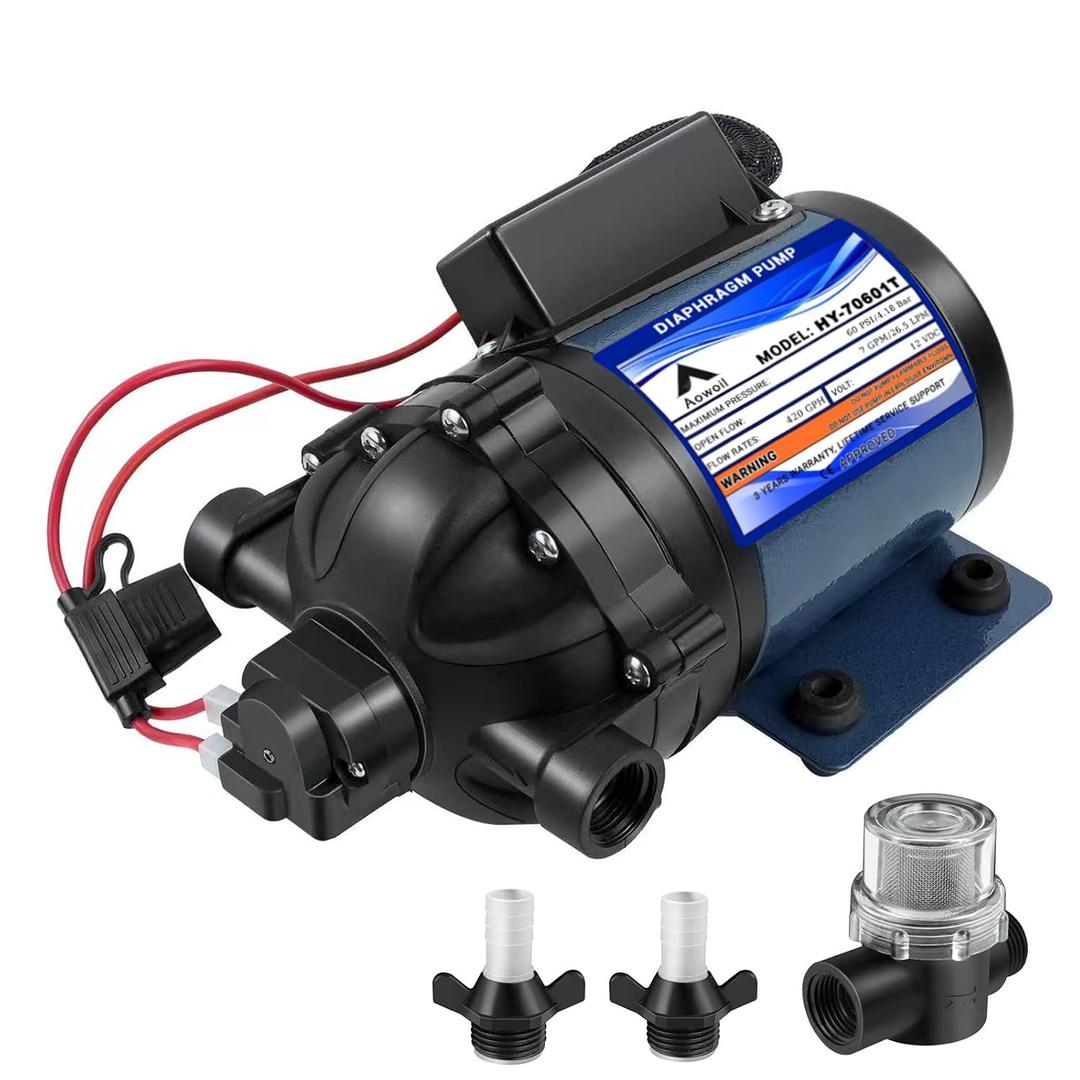 12V RV Water Pump, 7GPM 60 PSI Water Diaphragm Pump with 1/2" FNPT, HY-70601T, with Filter and Adapter, Replacement EF7000-BOX Pump, for Agricultural Irrigation, RV, Marine Deck, Yacht