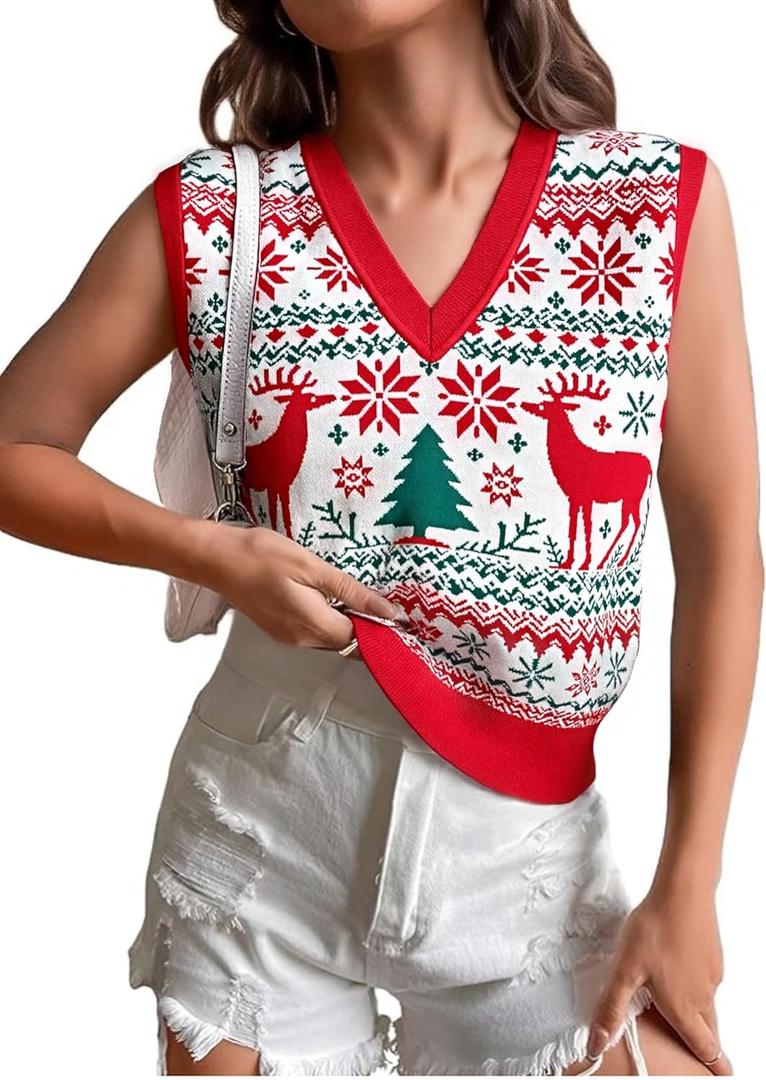 JULYCLO Christmas Sweater Vest Women Ugly Xmas Reindeer Knit Sweaters Casual Santa Snowflake V Neck Sleeveless Outwear Tops
