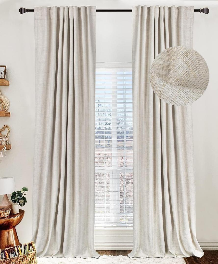 100% Blackout Shield Linen Blackout Curtains for Bedroom 102 Inches Long, Back Tab/Rod Pocket Living Room Drapes, Thermal Insulated Blackout Curtains 2 Panels Set, 50" W x 102" L,Cream