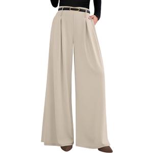 PRETTYGARDEN Womens Fall Wide Leg Trousers 2025 High Elastic Waist Loose Pleated Long Flowy Palazzo Work Pants with Pockets (Apricot, Medium)