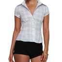 Women's Plaid Shirt Button-up Short Sleeve Collared Slim Fit Casual Summer Blouse Tops (Blue, S) (Blue, S)