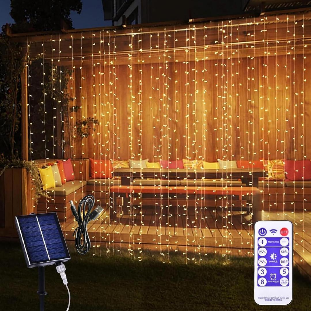 300LED Solar Curtain Lights USB & Solar Dual Powered 8 Modes Fairy Curtain String Lights Waterproof Twinkle Lights for Home Indoor Outdoor Use Garden Patio Gazebo (Warm White)