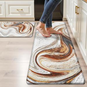 Kitchen Mats for Floor Anti Fatigue Floor Marble Cushioned Memory Foam Non Slip PVC Leather Padded Comfort Standing Rugs Set of 2, 17.3x28+17.3x47 Inch,0.4 Inch Thick (C1)