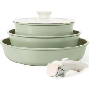 KIKCOIN Pots and Pans Set Nonstick, Ceramic Cookware Set Detachable Handle, Induction Kitchen Cookware Set with Removable Handle, Healthy Non Stick RV Cookware, Dishwasher  Oven Safe, PFOA Free (5 Pieces with 1 Lid/Handle, Green)