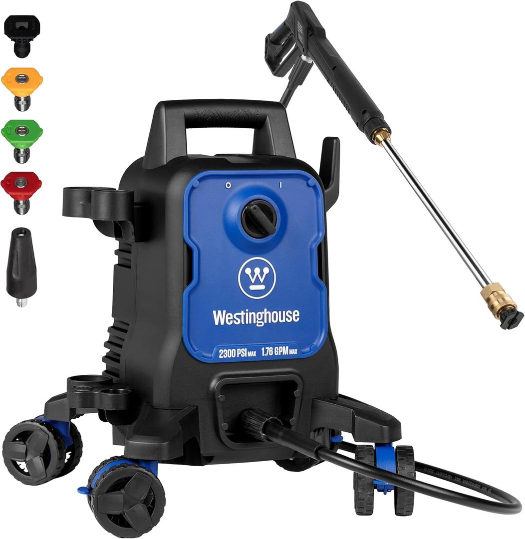 Westinghouse ePX3100 Electric Pressure Washer, 2300 Max PSI 1.76 Max GPM with Anti-Tipping Technology, Onboard Soap Tank, Pro-Style Steel Wand, 5-Nozzle Set, for Cars / Fences / Driveways / Home / Patios