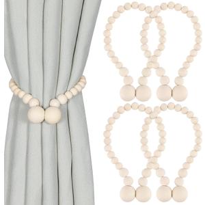 KLOGTSIND Magnetic Curtain Tiebacks, Curtain Tie Backs for Curtains 4 Pack, Wood Bead Curtain Tiebacks, Curtain Holders for Boho Bedroom Decor, Baby Nursery Decor, Farmhouse Decor