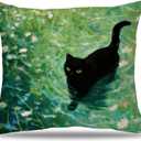 Black Cat in Floral Water Pillow Cover 18x18, Aesthetic Decor Pillow Cover, Charming Cats in Greenery Decor for Bedroom Living Room, Gift for Cat Lovers