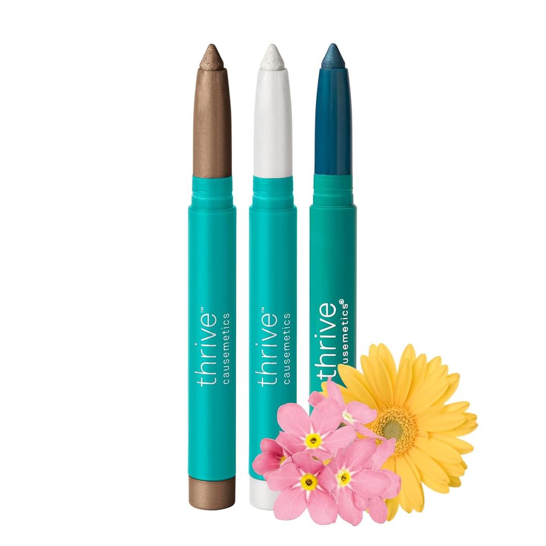 Thrive Causemetics Brilliant Eye Brightener Eyeshadow Stick Bundle for Brown Eyes, 3 Shades, Waterproof & Crease Proof Cream to Powder Long Lasting Formula, 3 Shadow Sticks & Confetti Makeup Bag