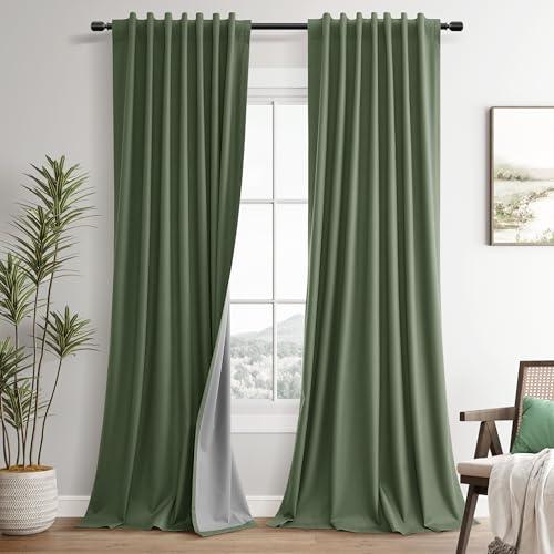 Olive Green Linen 100% Blackout Curtains for Bedroom 102 Inches Long Linen Textured Back Tab Room Darkening Soundproof Heat Blocking Patio Door Nursery Window Curtains 2 Panels 52x102