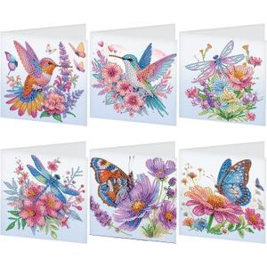 JZHYOAN 6Pcs DIY Animal Diamond Painting Cards Birthday Greeting Cards for Holidays Celebrations Diamond Art Card with Envelopes Crystal Arts Craft Gem Art Painting Mosaic Kit Butterfly Dragonfly Bird