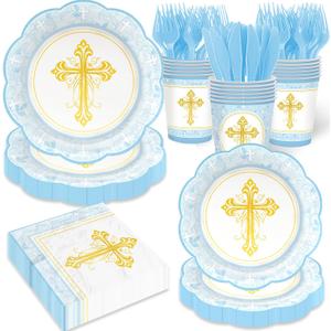 Blue Baptism Decorations for Boys Baptism Plates and Napkins First Holy Communion Party Supplies God Bless Plates Religious Christening Ceremony Tableware Set, Serves 25