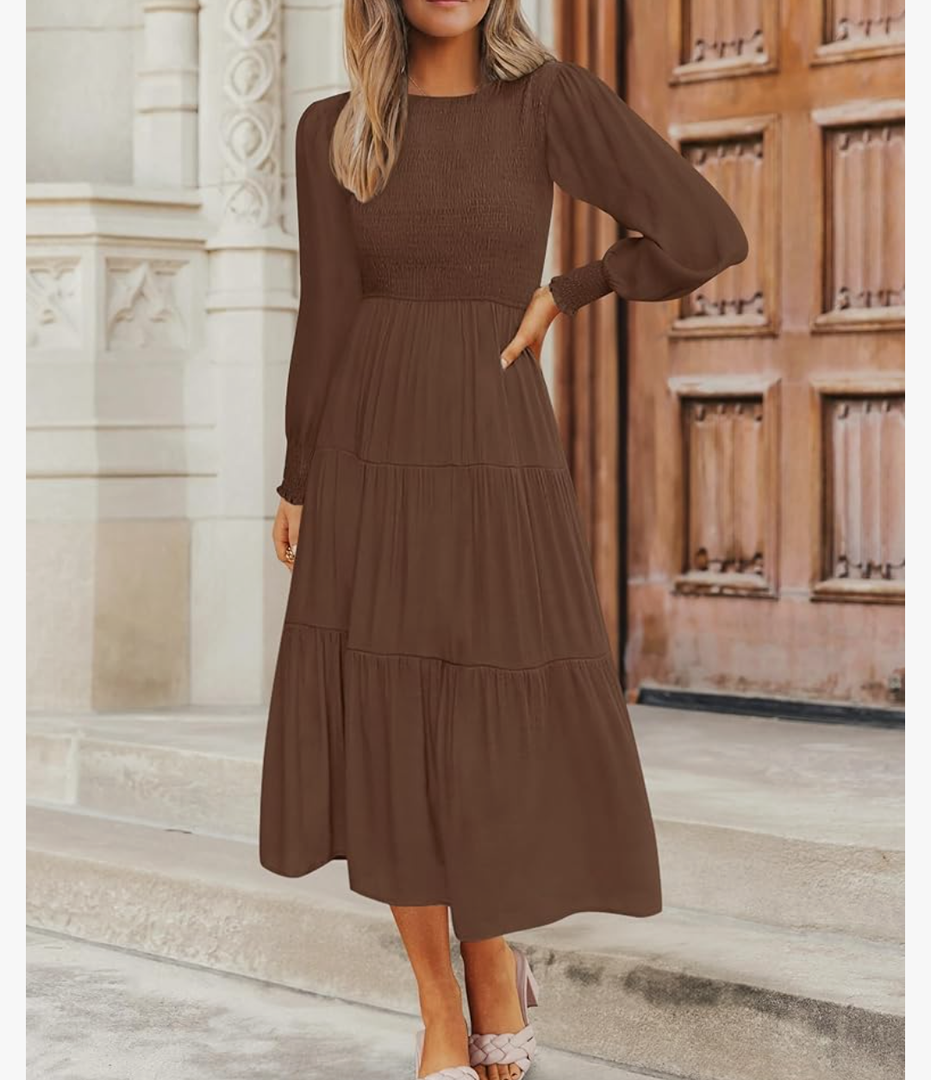 ZESICA Women's Casual Long Sleeve Crew Neck High Waist Smocked Flowy Tiered Midi Dress, Size L