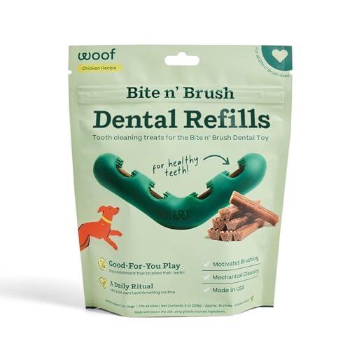 WOOF - Bite n' Brush Refills for The Dog Toothbrush Toy - Scrub Plaque and Tartar from Your Dog's Teeth and Mouth - Dog Dental Chew Toy Treats - Approximately 16 Refills By FEB 25 2027 1 PACK 