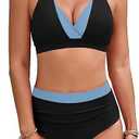 BMJL Women's High Waisted Bikini Sets Tummy Control Swimsuits Two Piece Color Block Modest Bathing Suit, Blue and black, S