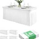 4 Pack Spandex Table Cover Skirts for 6ft Rectangle Tables, White Stretch Table Cloths with Floor-Length Ruffle, Elastic Fitted Skirted Tablecloth for Elegant Wedding Banquet Party Buffet Decoration