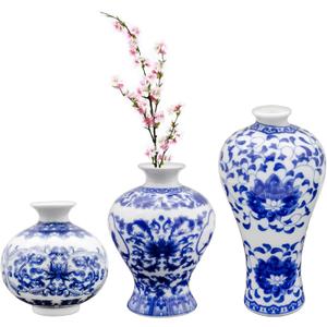 AuldHome Blue and White Porcelain Vases Set of 3, Mini Decorative Bud Vases for Farmhouse, Cottagecore, and Vintage Decor